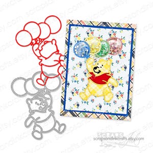 Troquel de corte de metal BEAR & BALLOONS Winnie The Pooh para manualidades de papel, álbumes de recortes, tarjetas, diarios, fiestas de bricolaje o decoración del hogar - 20403