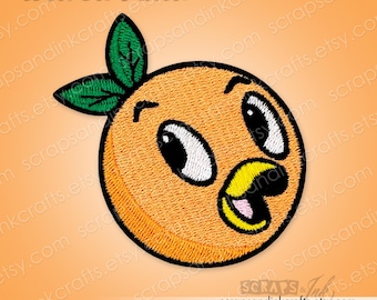 May include: An orange, embroidered iron-on patch featuring a cartoon orange slice with a smiling face, large eyes, and green leaves. The patch has the words "Iron-On Patch" at the top.