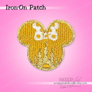 GOLD CASTLE MOUSE W/Bow Embroidered Iron-On Patch for Crafts, Clothing, Bags & Home Décor- 70228