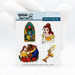 PRINCESS BELLE #3 Juego de 4 adornos acrílicos impresos (resina plana) para manualidades, tarjetas, accesorios, regalos y decoración con temática de Disney- 41116