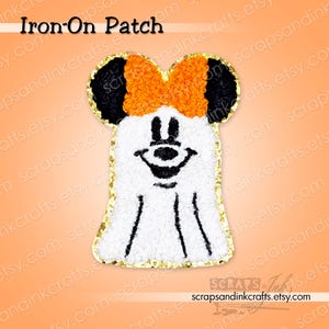 Toppa termoadesiva ricamata/ciniglia GHOST MINNIE/ORANGE Bow #1 per lavori fai da te, abbigliamento, borse e decorazioni per la casa - 70137