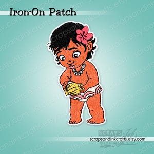 May include: Iron-on patch featuring a cartoon character with dark hair, a pink flower, and a shell. The character is wearing a white and pink diaper and a shell necklace. The text "Iron-On Patch" is at the top.