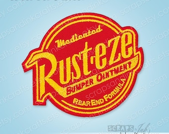 Aplique termocolante bordado RUST-eze BUMPER OINTMENT Cars Lightning McQueen para artesanato, roupas, bolsas e decoração de casa - 70360