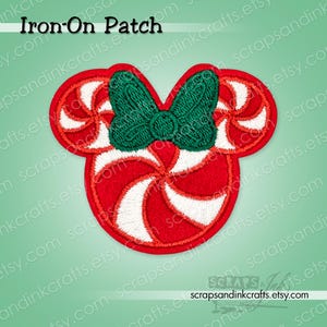 PEPPERMINT MOUSE W/BOW #2 Embroidered Iron-On Patch for Crafts, Clothing, Bags & Home Décor- 70241