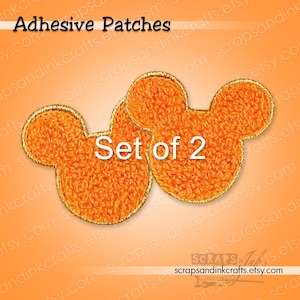 MOUSE PAIR (Orange) Set of 2 Embroidered/Chenille ADHESIVE-Backed Patches for Crafts, Clothing, Bags & Home Décor- 70191