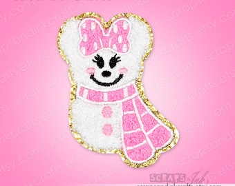 Aplique termocolante bordado/em chenille de rato da neve com laço (rosa) para artesanato, roupas, bolsas e decoração de casa - 70129