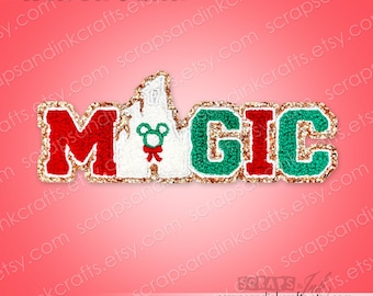 May include: An iron-on patch featuring the word MAGIC in a varsity-style font. The M is red, the A is a white castle silhouette with a green wreath icon, the G is green, the I is red, and the C is green. All letters have a gold glitter border.
