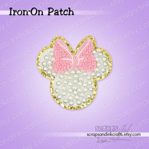 PEARL MINNIE Studded Embroidered Chenille Bow Patch for DIY Crafts, Clothing, Bags & Home Décor- 70512