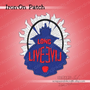 May include: Embroidered iron-on patch with the text "LONG LIVE EVIL" in red on a blue shield-shaped design. The patch has a white, spiky border and a black circular outline. The patch also has a red apple at the bottom.