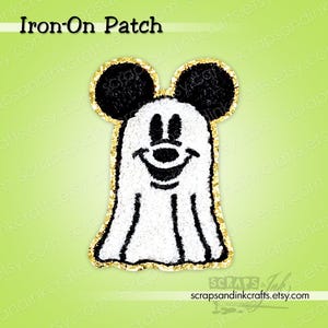 Toppa termoadesiva ricamata/in ciniglia GHOST MICKEY per abbigliamento, cappelli, borse, giacche, custodie per telefoni, zaini, regali e decorazioni per la casa - 70135