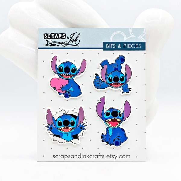 STITCH Set of 4 Acrylic Embellishments for Disney-Themed Crafts, Scrapbooks, Cards, Hair Accessories, Gifts/Home Décor- 40903