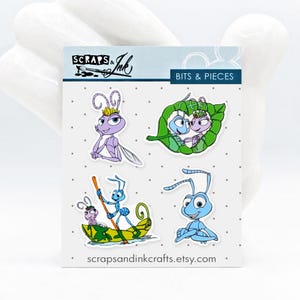 May include: A set of four stickers featuring characters from the animated film A Bug's Life. The stickers are printed on white paper with a light gray background. The stickers feature the characters Flik, Atta, Dot, and the Princess. The stickers are titled "Bits & Pieces" and are available from the Etsy shop "Scraps & Ink".