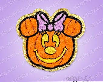 PUMPKIN MOUSE w/BOW Embroidered/Chenille Iron-On Patch for Crafts, Clothing, Bags & Home Décor- 70134