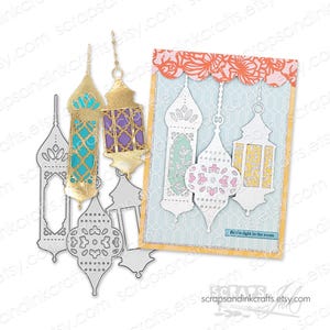 TRIO DE LANTERNAS *Exclusivo! Conjunto de 3 matrizes de corte de metal para artesanato em papel, cartões, presentes, etiquetas, festas e decoração com tema EPCOT/Marrocos - 20958