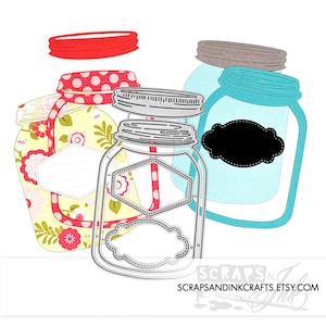 May include: Three mason jar die cuts, one with a red and white polka dot pattern, one with a floral pattern, and one with a plain blue design. Each jar has a label with a blank space for writing. The die cuts are made of metal and are designed for crafting.