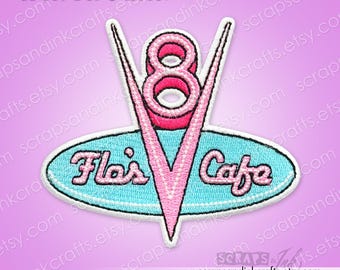 FLO'S V8 CAFE Embroidered Iron-On Patch for Clothing, Hats, Jackets, Bags, Backpacks, DiY Crafts, Home Décor- 70585