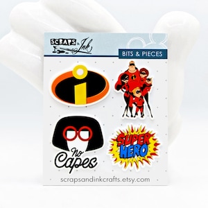 May include: A set of four iron-on patches featuring characters from the animated film "The Incredibles". The patches include the Incredibles family logo, the family standing together, Elastigirl's face with the text "No Capes", and a red and yellow comic book style speech bubble with the text "Super Hero".
