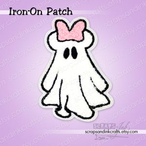 Toppa termoadesiva ricamata/ciniglia con motivo "TOP GHOST" (fiocco rosa) per fai da te, abbigliamento, borse e decorazioni per la casa - 70422XL