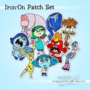 May include: An iron-on patch set featuring embroidered characters from the movie Inside Out, including Joy, Sadness, Anger, Disgust, Fear, Bing Bong, and Anxiety. The colorful patches are arranged on a light blue background with the text Iron-On Patch Set.