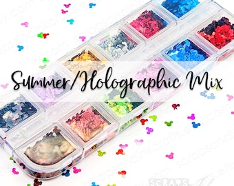 MINI MICE SPRINKLES Polvere di Fata con Finitura Estiva/Olografica a 12 Colori per Decorazioni Fai da Te, Resina, Gioielli, Slime, Nail Art, Shaker, Decorazioni per Feste