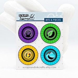 May include: Four round stickers with different colored backgrounds and icons. The stickers are purple, green, yellow, and blue. The icons are a gear, a leaf, a lightning bolt, and a mountain range. The text "Scraps & Ink" and "Bits & Pieces" are at the top of the image. The website "scrapsandinkcrafts.etsy.com" is at the bottom of the image.