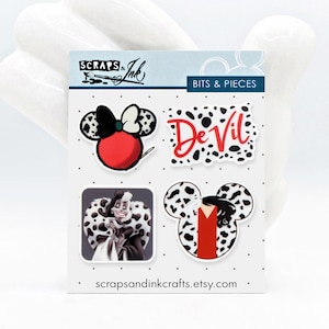 CRUELLA DeVIL Juego de 4 adornos acrílicos (resina plana) para manualidades, tarjetas, accesorios, regalos y decoración con temática de Disney - 41105