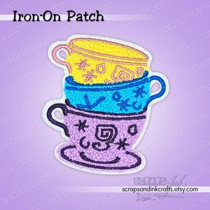 Parche bordado termoadhesivo de TAZAS DE TÉ para manualidades, ropa, bolsos y decoración del hogar - 70264