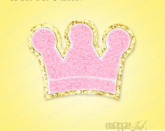 Toppa termoadesiva ricamata/ciniglia PINK CROWN per artigianato, abbigliamento, borse e decorazioni per la casa - 70171