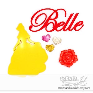 PRINCESA BELLA Juego de 6 adornos acrílicos cortados con láser para manualidades, álbumes de recortes, tarjetas, joyas, accesorios para el cabello, regalos, fiestas y decoración del hogar