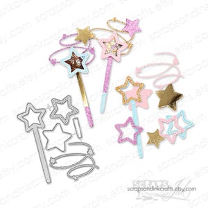 Juego de 5 troqueles de corte de metal con forma de varita mágica para manualidades de papel, álbumes de recortes, tarjetas, regalos, planificadores, fiestas y decoración del hogar - 20241
