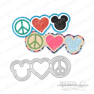 Juego de 5 troqueles de metal "Peace Love Mickey" para manualidades, tarjetas, álbumes de recortes, regalos, fiestas y decoración del hogar - 20378