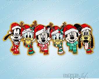 May include: An embroidered iron-on patch featuring six cartoon characters wearing red Santa hats and colorful winter scarves. The characters include Goofy, Donald Duck, Minnie Mouse, Daisy Duck, Mickey Mouse, and Pluto, all outlined in gold thread.