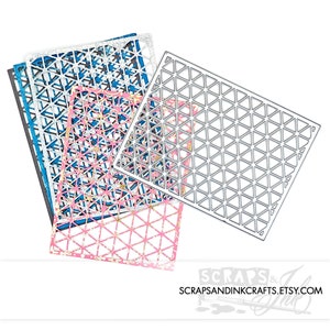May include: A set of four metal stencils featuring a geometric pattern of triangles. The stencils are layered on top of each other, with the largest stencil on the bottom and the smallest stencil on top. The stencils are silver in color and have a shiny finish.