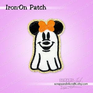 SMALL GHOST W/BOW Embroidered/Chenille Iron-On Patch for DiY Crafts, Clothing, Bags & Home Décor- 70458