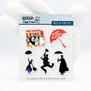 May include: A sheet of "Bits & Pieces" stickers featuring Mary Poppins characters and imagery. Includes penguins, an umbrella, and silhouettes of characters. The stickers are on a white background with the Etsy shop URL "scrapsandinkcrafts.etsy.com".