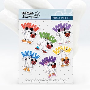 May include: A sheet of six colorful stickers featuring a cartoon ghost holding a jack-o-lantern. The ghost is dressed as Mickey Mouse and the text "Boo Bash" is written in a colorful font.