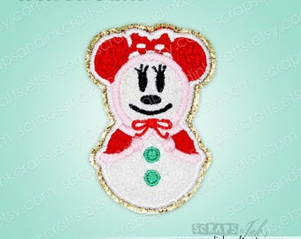 Aplique termocolante bordado/em chenille de rato da neve (chapéu/capa vermelha) para artesanato, roupas, bolsas e decoração de casa - 70156