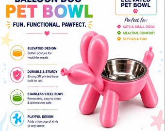 3D Printed Balloon Dog Pet Bowl: Elevated Stainless Steel Feeder
