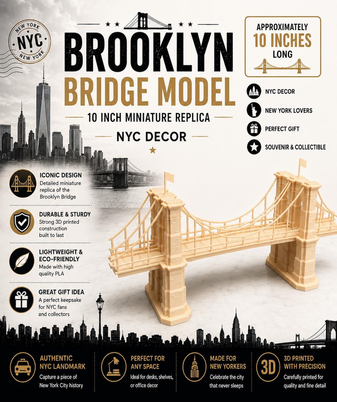 Brooklyn Bridge Model: 10 Inch Miniature Replica, NYC Decor - 3D