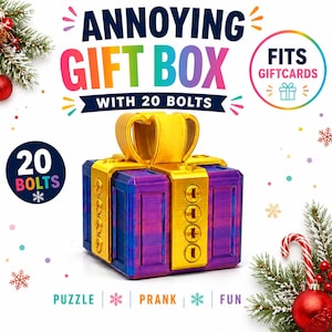 May include: A purple and blue gift box with a gold bow and gold side panels, each featuring four integrated bolts. The box is labeled Annoying Gift Box with 20 Bolts and Fits Giftcards. The design includes festive holiday decorations.