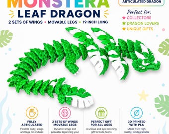 Monstera Leaf Dragon with 2 Sets of Wings - Articulated - Movable Legs - 19 Inch Long 3D Dragon