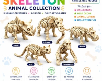 3D Printed Skeleton Animals – Rhino, Cat, Chimpanzee, Elephant & Hippo | Articulated Bone Creatures | 4–5 Inch Collectibles |Desk Decor