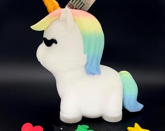 Unicorn Piggy Bank with Rainbow Mane & Gold Horn | 12” Tall Money Bank with Twist Cap | Cute Home Decor Coin Holder Gift