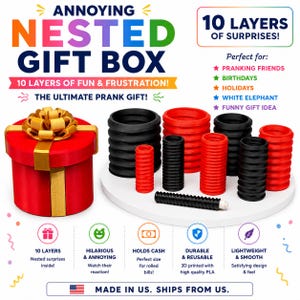 May include: A red gift box with a gold ribbon and bow, accompanied by ten black and red cylindrical nested components. Text includes ANNOYING NESTED GIFT BOX, 10 LAYERS OF SURPRISES, 10 LAYERS OF FUN & FRUSTRATION, THE ULTIMATE PRANK GIFT, and MADE IN US.