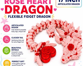 Rose Heart Dragon with Wings with Clicker Tail - Articulated - Movable Legs - 17 Inch Long 3D Dragon - Gift for Him and Her