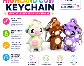 Articulated Highland Cow Keychain: Flexible Fidget Bag Charm