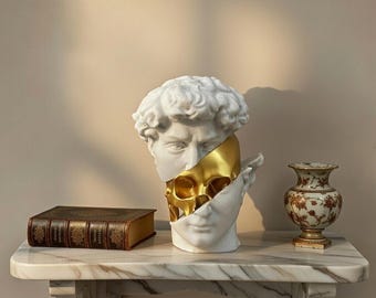 Modern Split Roman Bust Sculpture | 7” Ancient Greek Statue with Metallic Skull Accent | Classical Art Home Decor | 3D Printed