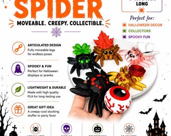 Articulated Spider | 3D Printed Gothic Halloween Decoration | Moveable Leg Spider Figure | Lightweight Creepy Desk Decor | Stocking Stuffer