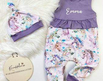 Baby Strampler Set mit Name | Strampler personalisiert Mädchen „Einhornliebe“ - Größe 44 - 92