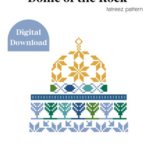 Op de afbeelding: Een digitaal downloadpatroon voor kruissteekborduurwerk van de Rotskoepel in Jeruzalem. Het patroon heeft een gouden koepel met blauwe en groene details en de tekst "tatreez pattern".